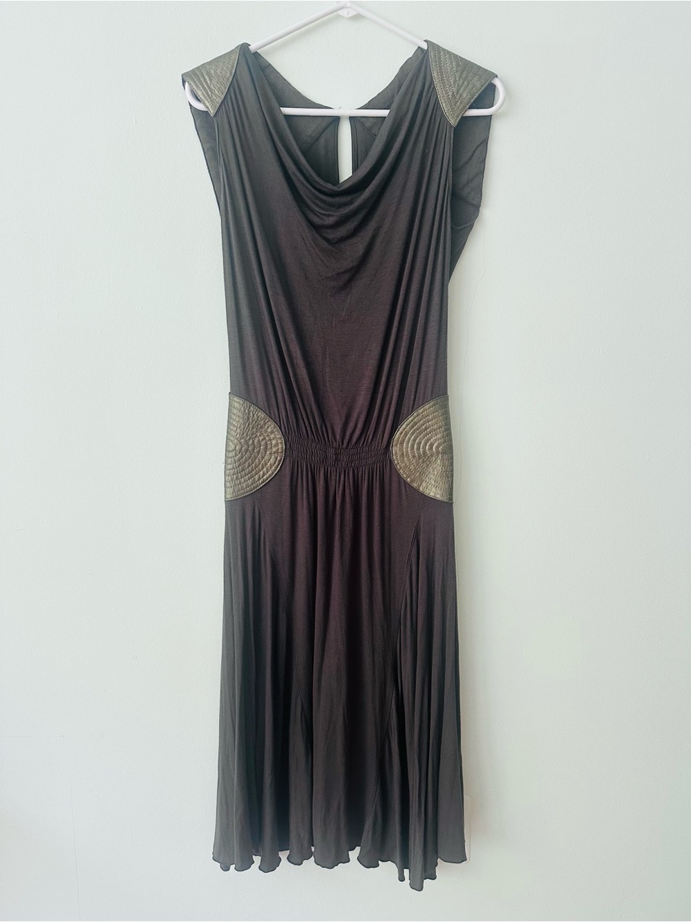 Boutique Dark Green Drape Neck Midi Dress Faux Leather Shoulder Large